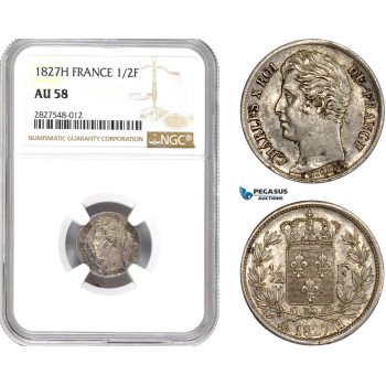 AD012, France, Charles X, 1/2 Franc 1827-H, La Rochelle, Silver, NGC AU58, Pop 1/0, Rare!