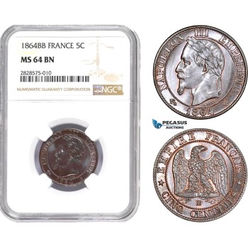 AD014-R, France, Napoleon III, 5 Centimes 1864-BB, Strasbourg, NGC MS64BN, Pop 1/1
