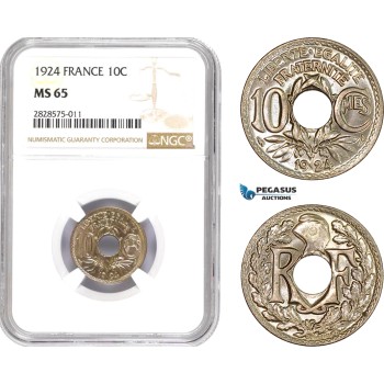 AD015-R, France, Third Republic, 10 Centimes 1924, Paris, NGC MS65, Pop 2/0