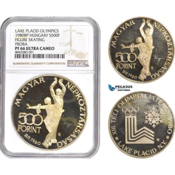 AD019, Hungary, Lake Placid Olympics Pattern 500 Forint 1980-BP, Budapest, Silver, NGC PF66 Ultra Cameo, Pop 1/0