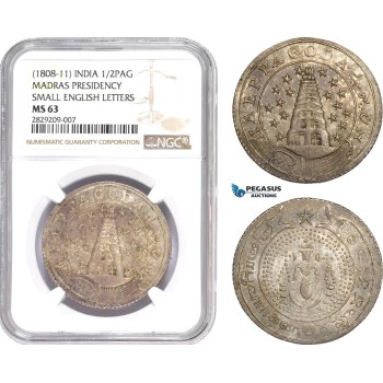 AD020, India, Madras Presidency, 1/2 Pagoda ND (1808-11) Silver, NGC MS63