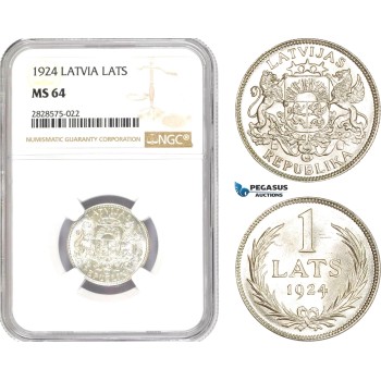 AD025-R, Latvia, 1 Lats 1924, Silver, NGC MS64