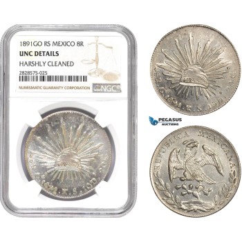 AD028-R, Mexico, 8 Reales 1891 Go RS, Guanajuato, Silver, NGC UNC Det.