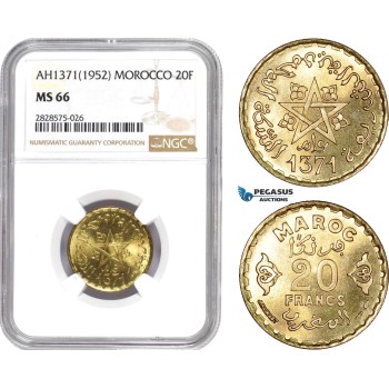 AD029-R, Morocco, Muhammad V, 20 Francs 1952, NGC MS66, Pop 3/1