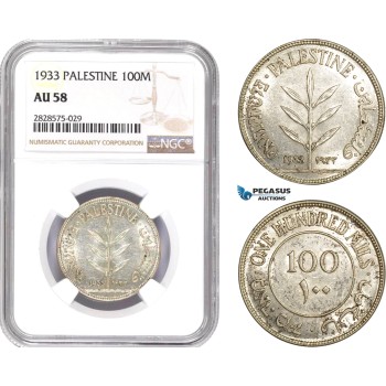 AD033-R, Palestine, 100 Mils 1933, London, Silver, NGC AU58