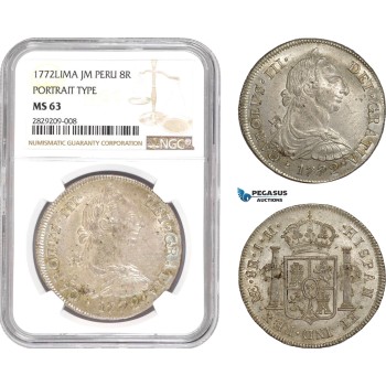 AD034, Peru, Charles III, 8 Reales 1772 LIMA JM,  Silver Portrait Type NGC MS63, Pop 1/0, Very Rare!