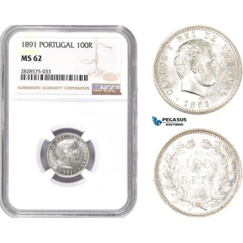 AD039-R, Portugal, Carlos I, 100 Reis 1891, Lisbon, Silver, NGC MS62