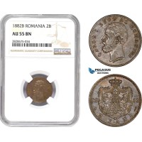 AD040-R, Romania, Carol I, 2 Bani 1882-B, Bucharest, NGC AU55BN
