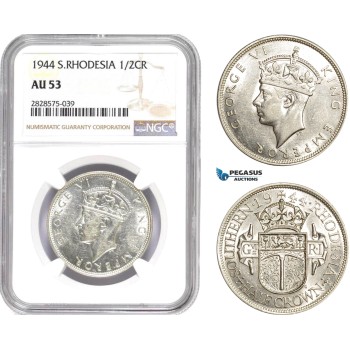 AD046-R, Southern Rhodesia, George VI, 1/2 Crown 1944, London, Silver, NGC AU53