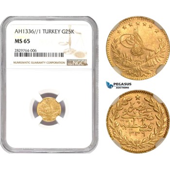 AD049, Ottoman Empire, Turkey, Mehmed Vahdeddin VI, 25 Kurush AH1336/1, Qustantiniya, Gold, NGC MS65, Pop 1/0