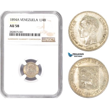 AD050-R, Venezuela, 1/4 Bolivar 1894-A, Paris, Silver, NGC AU58