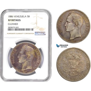 AD051-R, Venezuela, 5 Bolivares 1886, Caracas, Silver, NGC XF Details