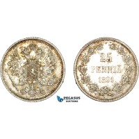 AD059, Finland (under Russia) Alexander III, 25 Penniä 1891-L, Silver, Toned AU