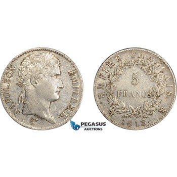 AD066, France, Napoleon, 5 Francs 1813-MA, Marseilles, Silver, XF