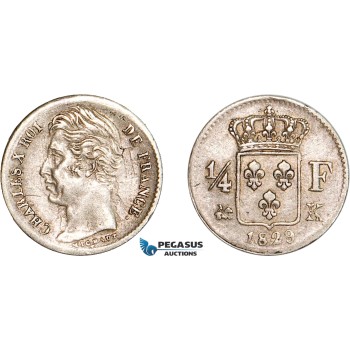 AD067, France, Charles X, 1/4 Franc 1829-K, Bordeaux, Silver, XF