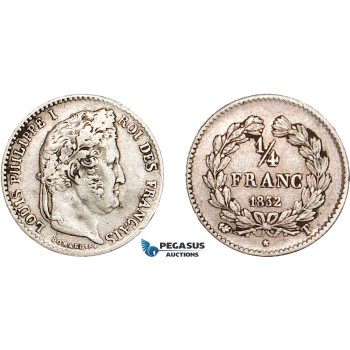 AD068, France, Louis Philippe I, 1/4 Franc 1832-T, Nantes, Silver, VF, Rare!