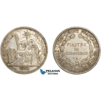AD071, French Indo-China, Piastre 1894-A, Paris, Silver, Cleaned XF-AU