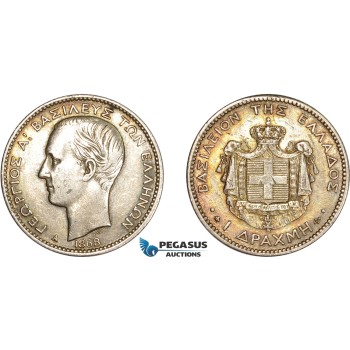 AD073, Greece, George I, 1 Drachma 1868-A, Paris, Silver, Toned XF-AU