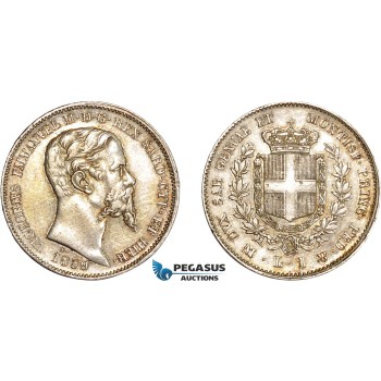 AD074, Italy, Emilia, Vitt. Emanuele II, 1 Lira 1859-M, Milan, Silver, Toned XF-AU
