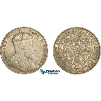 AD079, Straits Settlements, Edward VII, 1 Dollar 1908, Bombay, Silver, XF