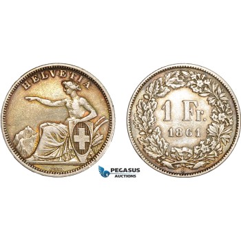 AD080, Switzerland, 1 Franc 1861-B, Bern, Silver, Toned XF