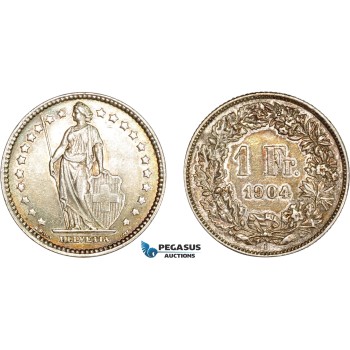AD081, Switzerland, 1 Franc 1904-B, Bern, Silver, Toned AU, Rare!