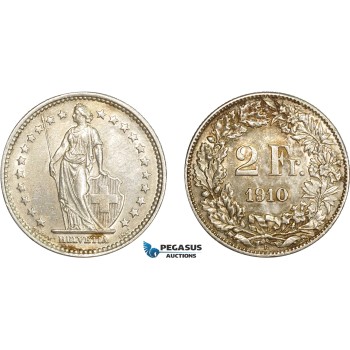 AD082, Switzerland, 2 Francs 1910-B, Bern, Silver, Toned AU
