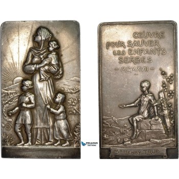 AD094, France & Serbia, Silver Plaque WW1 Medal 1917 (70x40mm, 85g)  Saving of Serbian Children, Rare!!