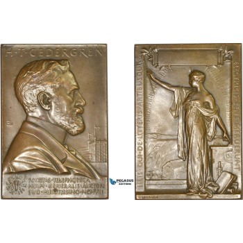 AD110, Sweden, Art Nouveau Bronze Plaque Medal 1908 (52x76mm, 133g) by Lindberg, Electricity, Cedergren