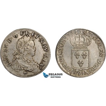 AD122, France, Louis XV, Ecu 1724 (9) Rennes, Silver (24.38g) Gad. 319 (R2) Rare! XF