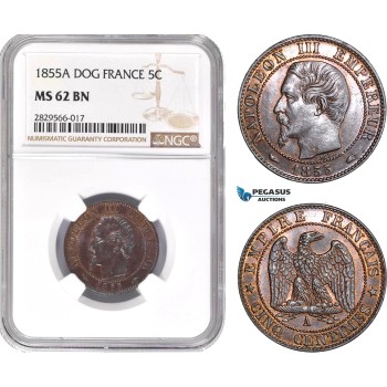 AD135-R, France, Napoleon III, 5 Centimes 1855-A (Dog) Paris, NGC MS62BN