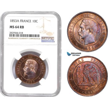AD136-R, France, Napoleon III, 10 Centimes 1853-A, Paris, NGC MS64RB