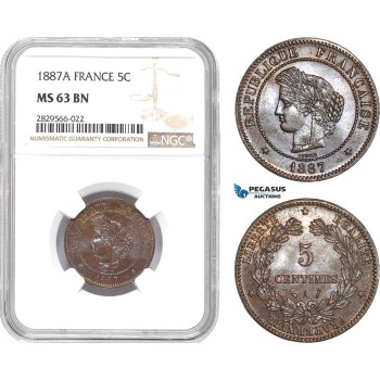 AD139-R, France, Third Republic, 5 Centimes 1887-A, Paris, NGC MS63BN