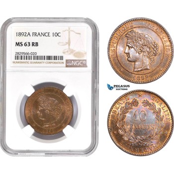 AD140-R, France, Third Republic, 10 Centimes 1892-A, Paris, NGC MS63RB
