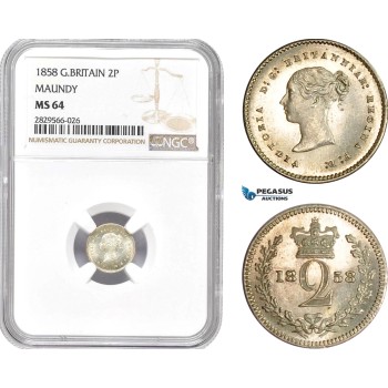 AD142-R, Great Britain, Victoria, Maundy Twopence (2P) 1858, Silver, NGC MS64