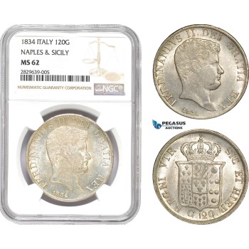 AD145, Italy, Naples & Sicily, Ferdinand II, 120 Granna 1834, Silver, NGC MS62