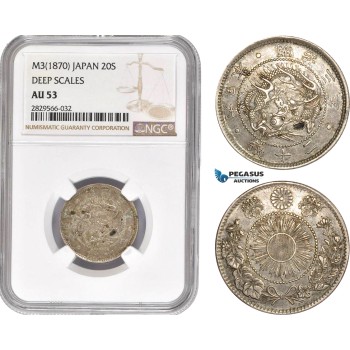 AD147-R, Japan, Meiji, 20 Sen Yr. 3 (1870) Deep Scales, Silver, NGC AU53