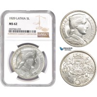 AD148-R, Latvia, 5 Lati 1929, Silver, NGC MS62 AD148-R, Latvia, 5 Lati 1929, Silver, NGC MS62