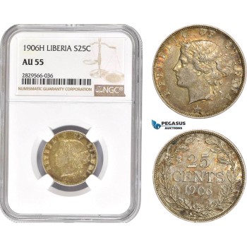 AD151-R, Liberia, 25 Cents 1906-H, Heaton, Silver, NGC AU55