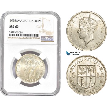 AD152-R, Mauritius, George VI, 1 Rupee 1938, Silver, NGC MS62