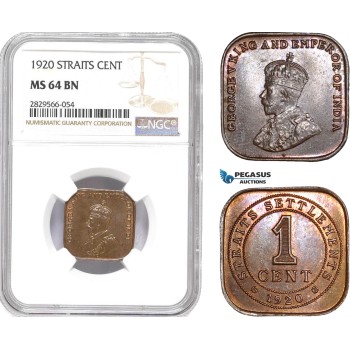 AD171-R, Straits Settlements, George V, 1 Cent 1920, NGC MS64BN