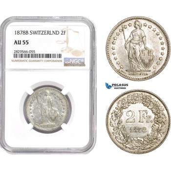 AD172-R, Switzerland, 2 Francs 1878-B, Bern, Silver, NGC AU55