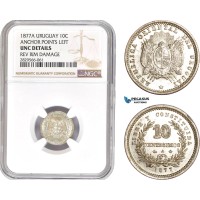 AD184-R, Uruguay, 10 Centesimos 1877-A, Paris, Silver, Anchor points left, NGC UNC Det.
