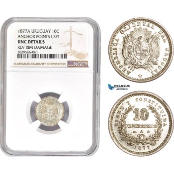 AD184-R, Uruguay, 10 Centesimos 1877-A, Paris, Silver, Anchor points left, NGC UNC Det.