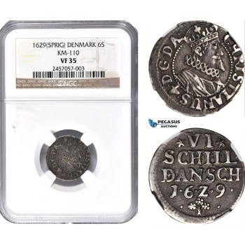 AD189, Denmark, Christian IV, 6 Skilling 1629, Silver, H 140B, NGC VF35