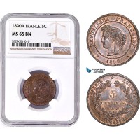 AD197, France, Third Republic, 5 Centimes 1890-A, Paris, NGC MS65BN, Pop 2/0