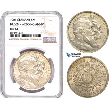 AD199, Germany, Baden, Friedrich, 5 Mark 1906, Wedding Anniv. Silver, NGC MS64
