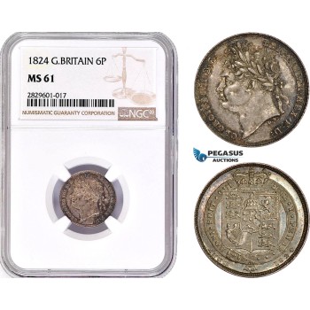 AD206, Great Britain, George IV, Sixpence (6P) 1824, Silver, NGC MS61