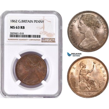 AD207, Great Britain, Victoria, 1 Penny 1862, NGC MS63RB