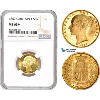 AD211, Great Britain, Victoria, 1 Sovereign 1857, Royal Mint, London, Gold, NGC MS63, Pop 1/0